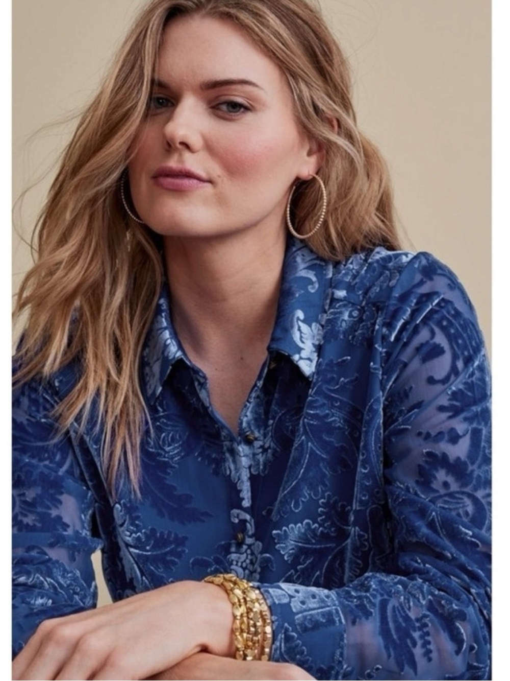 Soft Surroundings Floreat Velvet Devore Shirt in Blue Sapphire XL Button Down